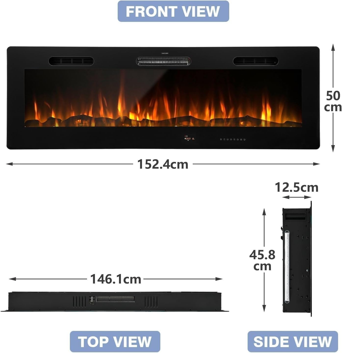 152cm Wall Mounted Electric Fireplace LED Flame Heater Crystal Log