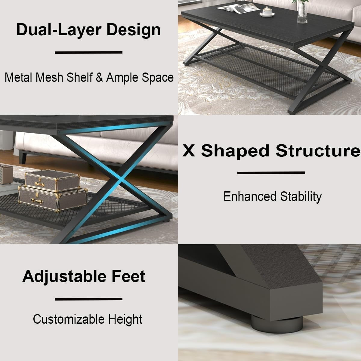Modern Black Oak Coffee Table with Shelf – Industrial 2 Tier Rectangular Center