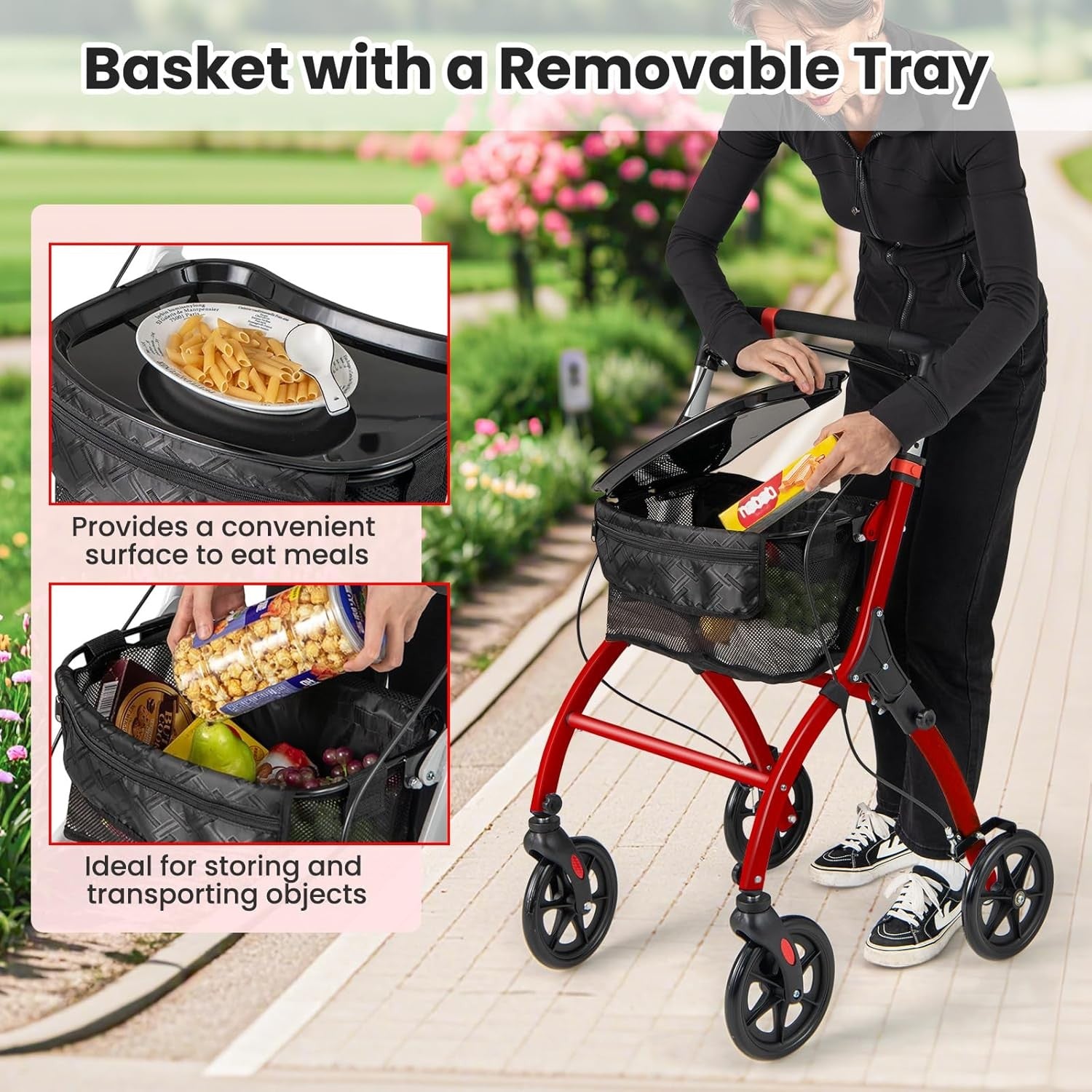 Lightweight 4 Wheel Rollator Walker Folding Mobility Aid Basket & Brakes