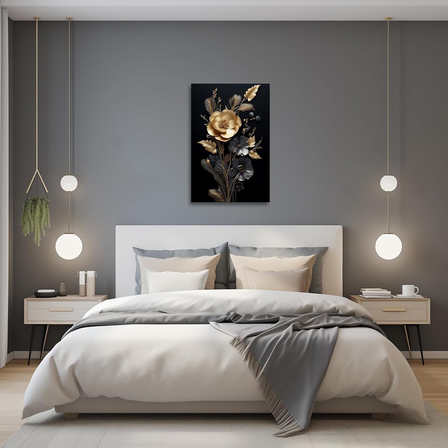 Black Gold Floral Canvas Wall Art Framed 16x24in
