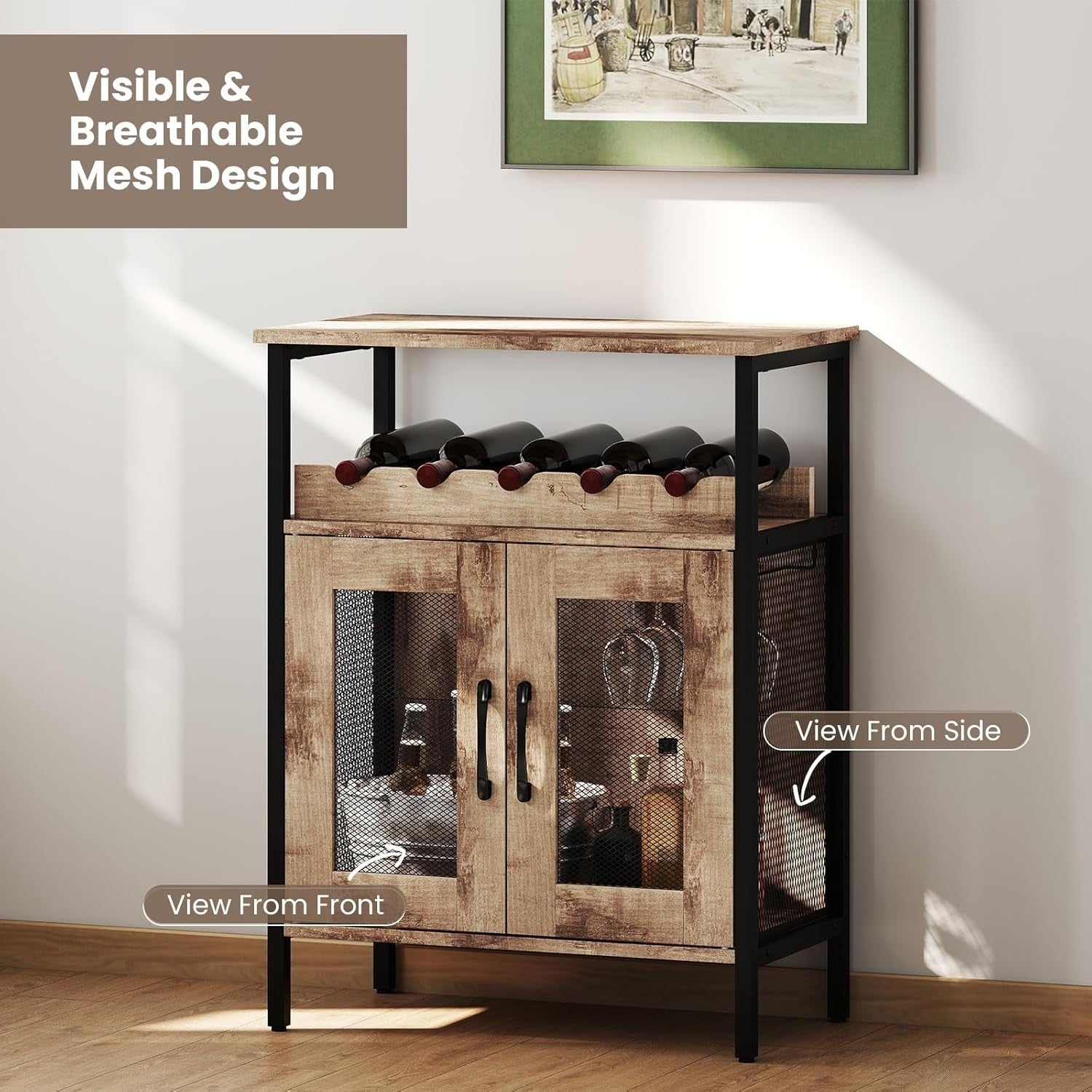 Industrial Wine Bar Cabinet with Wine Rack & Glass Holders Rustic Sideboard Grey