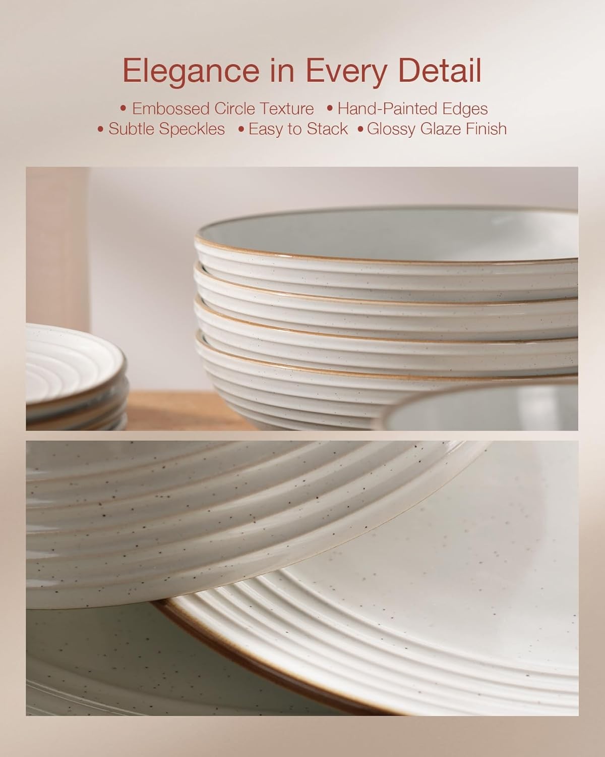 12pc Stoneware Dinner Set White Gold Rim Plates Bowls Dishwasher Safe