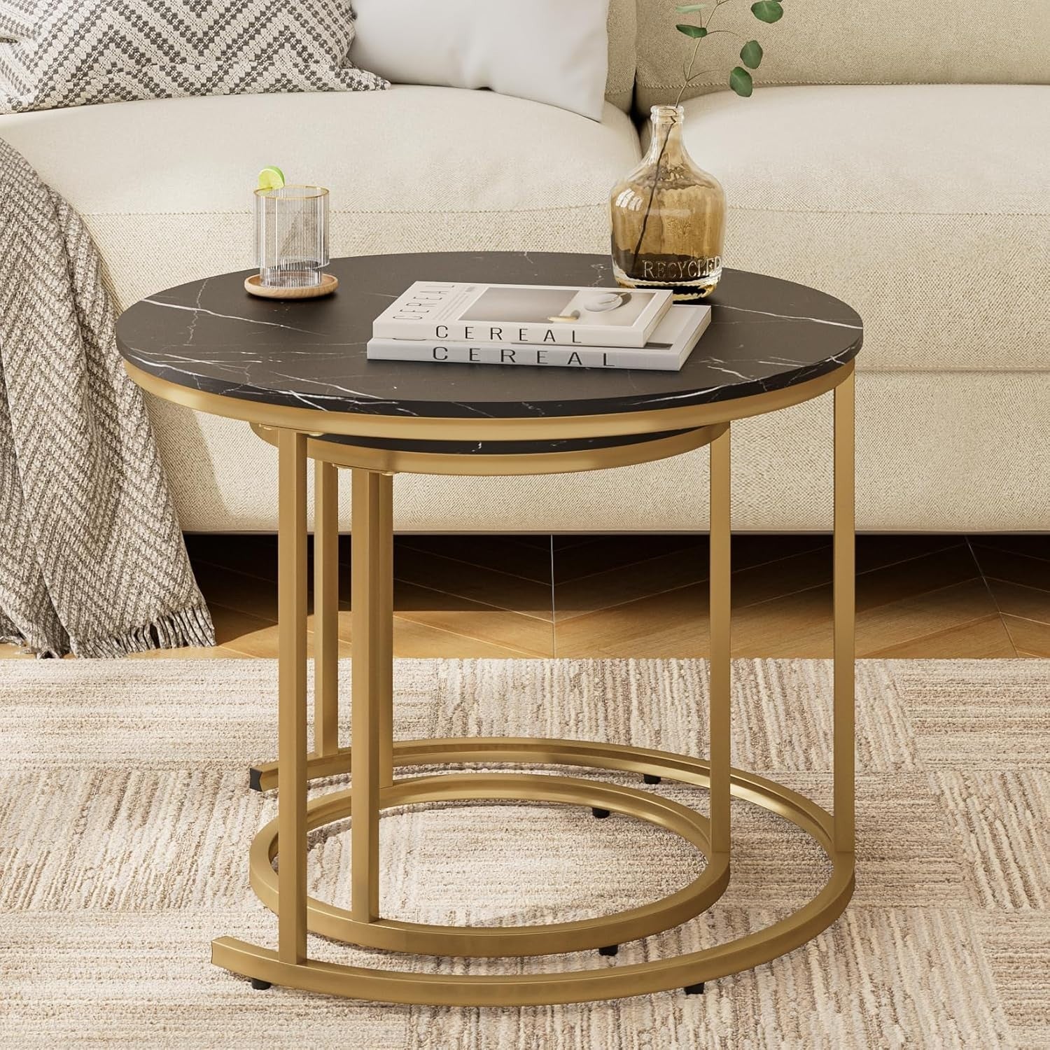 Round Nesting Coffee Tables Set of 2 Grey Top Black Frame, Space Black and Gold