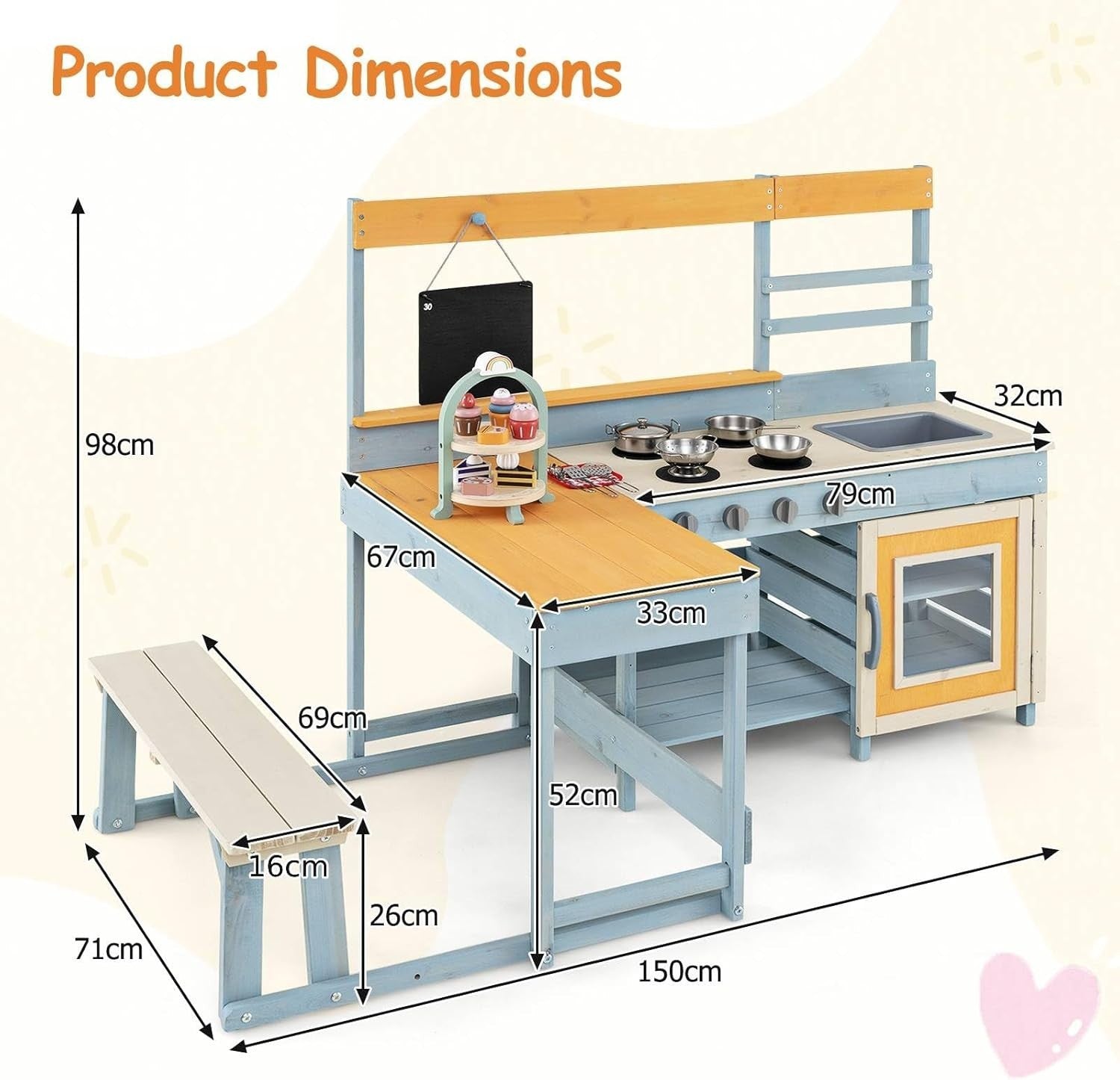 Kids Mud Kitchen Outdoor Wooden Play Kitchen Picnic Table Grey Blue