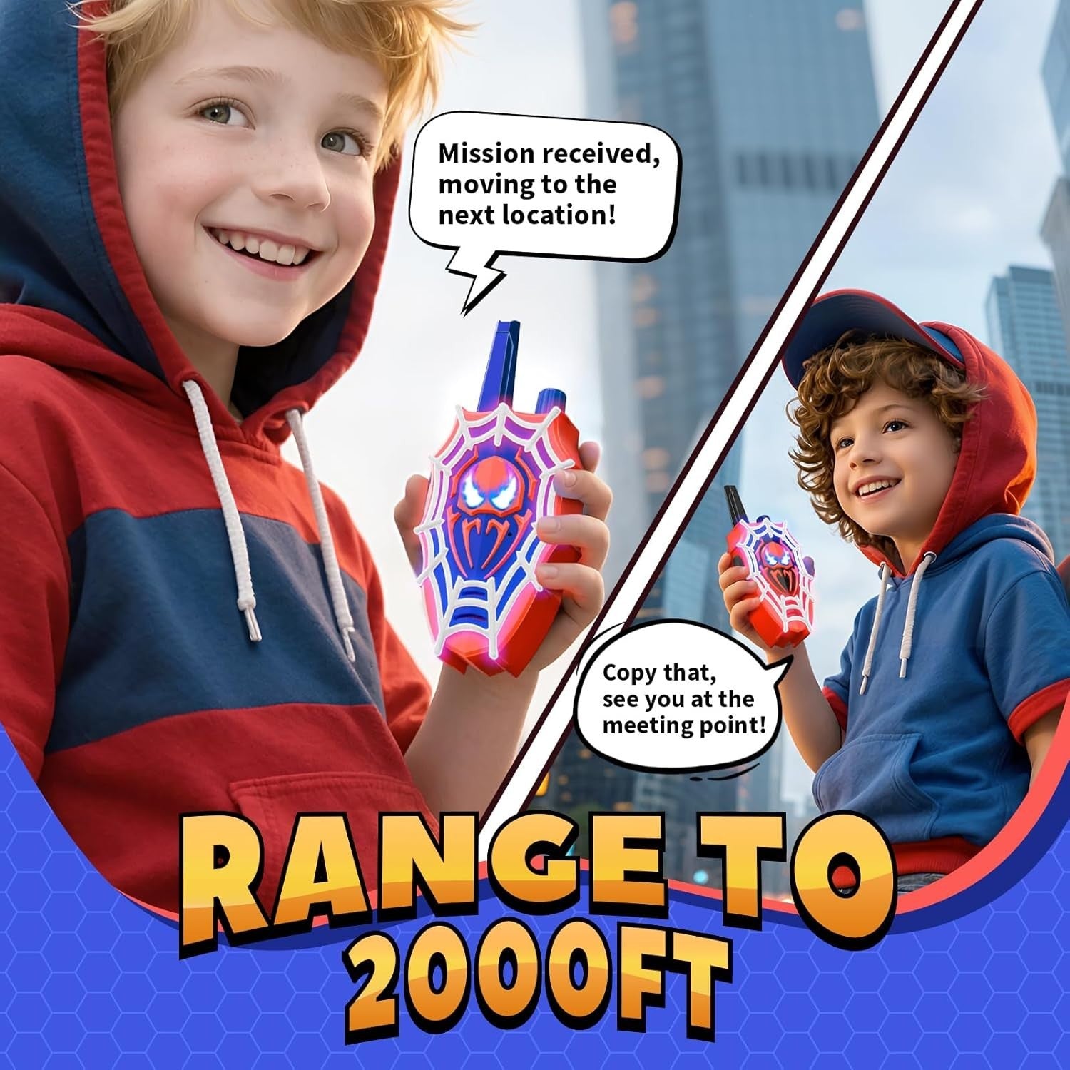 Kids Walkie Talkies Toy 2 Pack Light Up Hero Design Long Range Radio