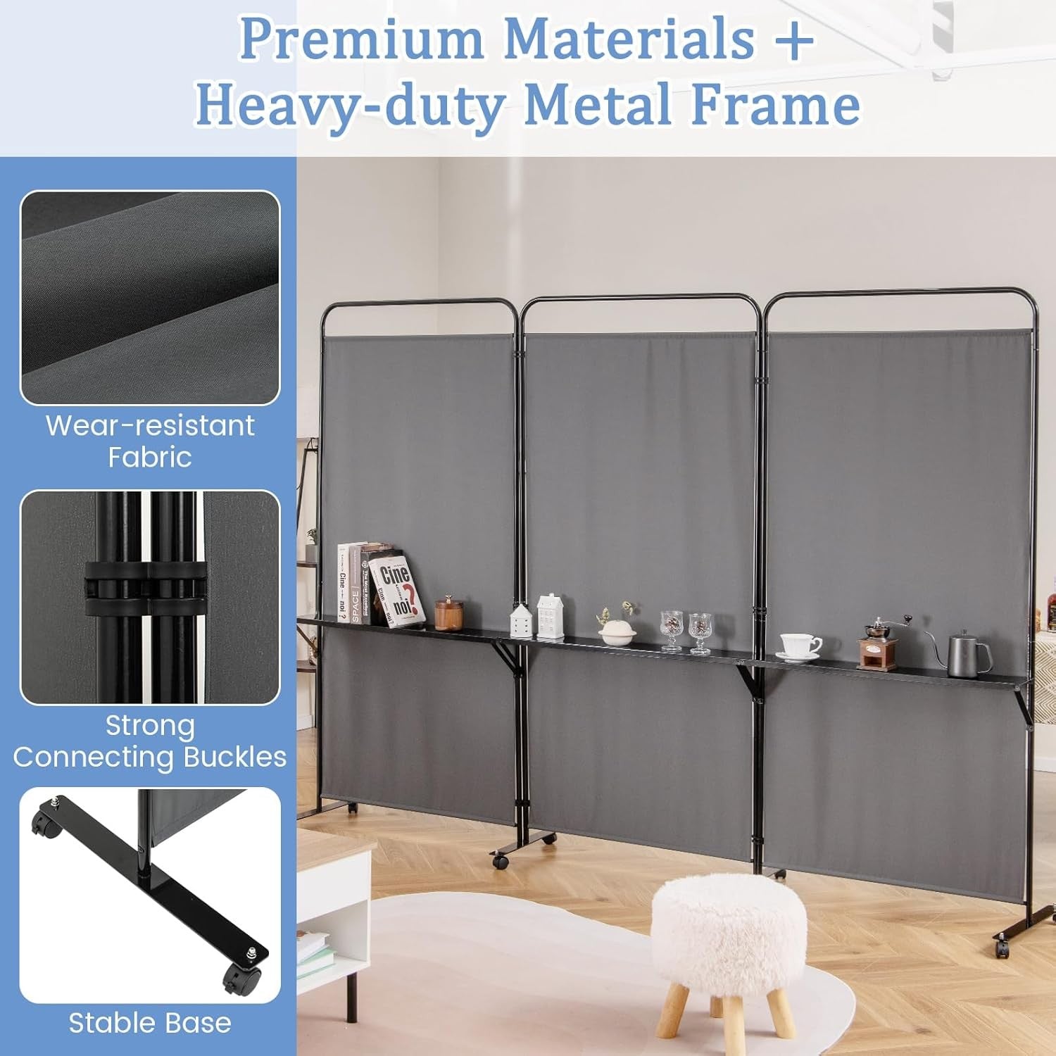3 Panel Grey Folding Room Divider with Shelves & Wheels Privacy Screen 188cm