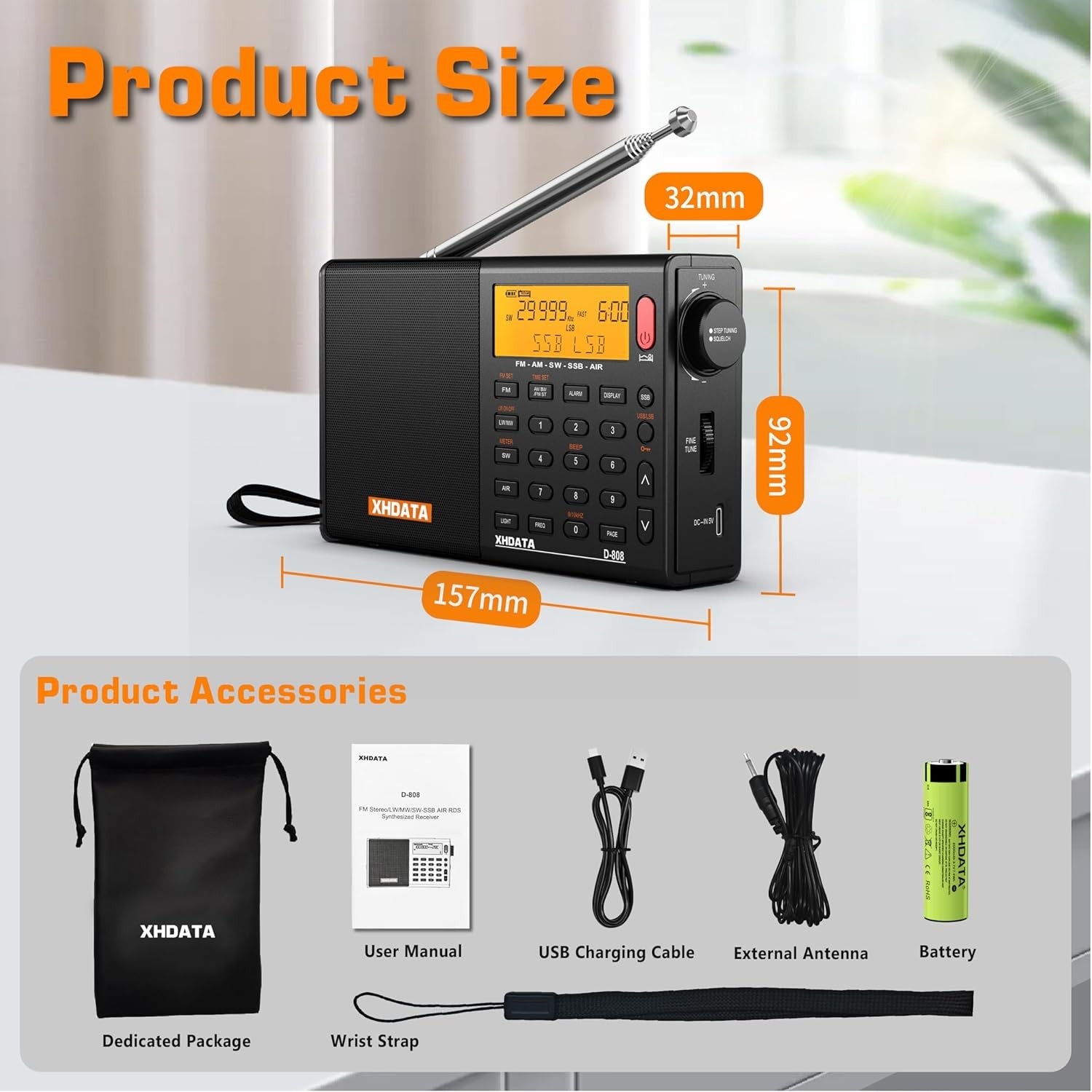 Portable Digital FM AM SW Radio SSB RDS Air Band Rechargeable Antenna