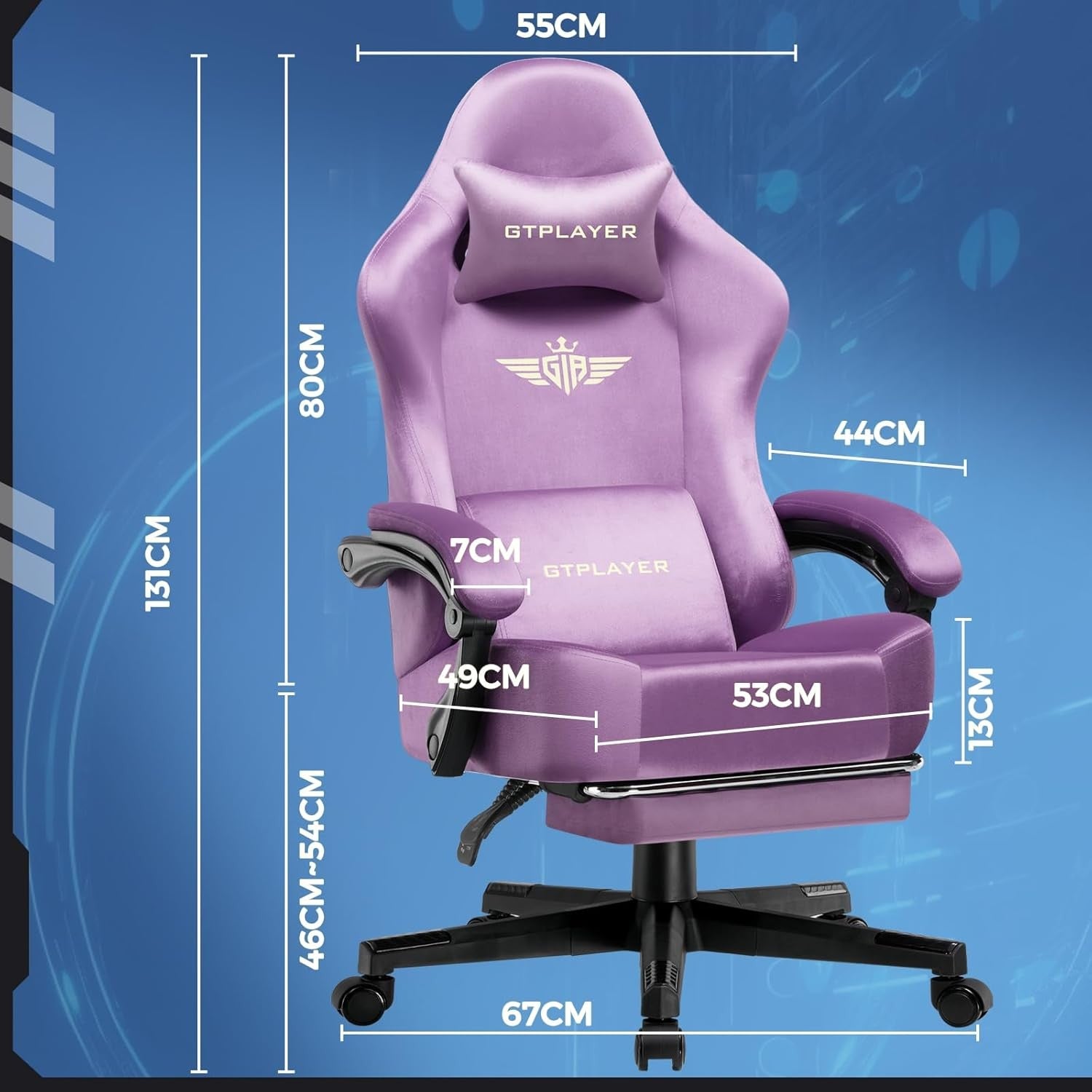 Ergonomic Fabric Gaming Chair w/ Footrest Recliner Light Purple