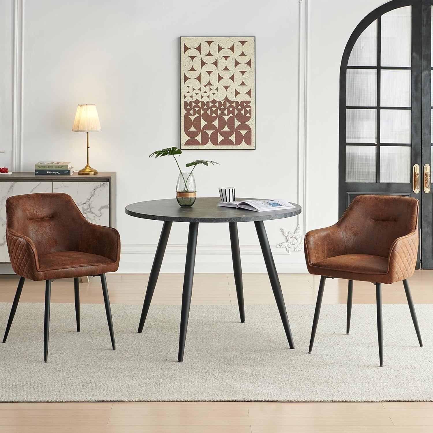 Modern Round Dining Table Set 2 Faux Suede Chairs Kitchen & Restaurant
