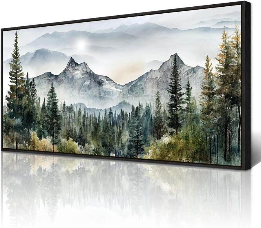 Large Black Framed Mountain Canvas Wall Art – Foggy Forest Landscape Decor
