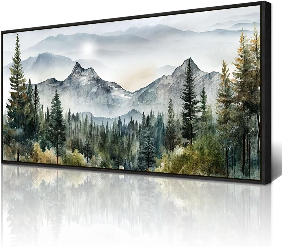 Large Black Framed Mountain Canvas Wall Art – Foggy Forest Landscape Decor