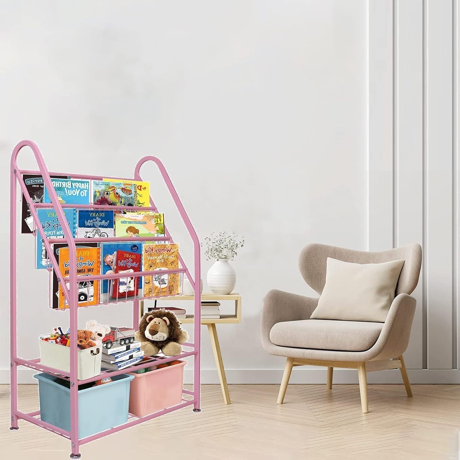 Kids Medium Leaning Bookshelf & Toy Organizer Rack – Durable Metal, Pink