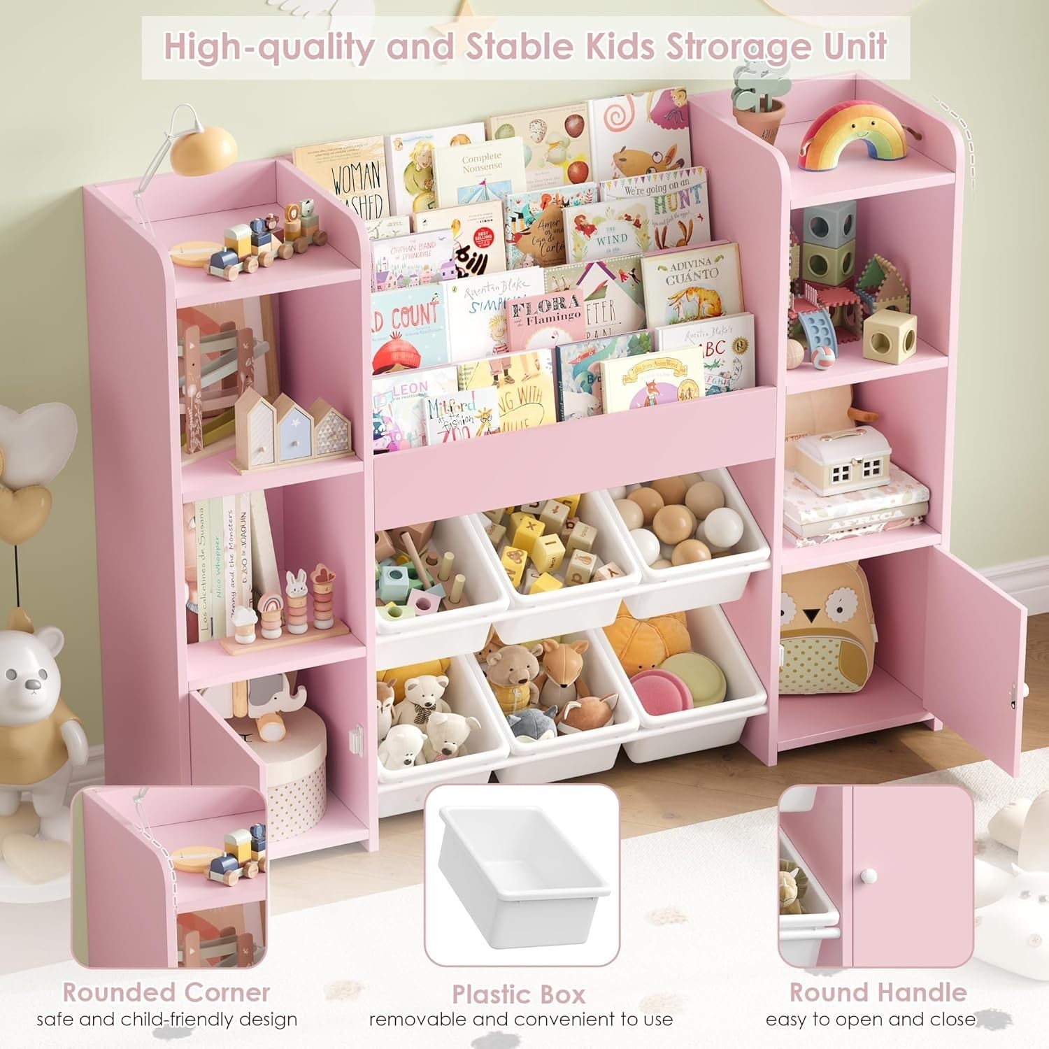 Large Kids Toy Storage Bookshelf with 6 Boxes & 4 Tier Shelves for Playroom Pink