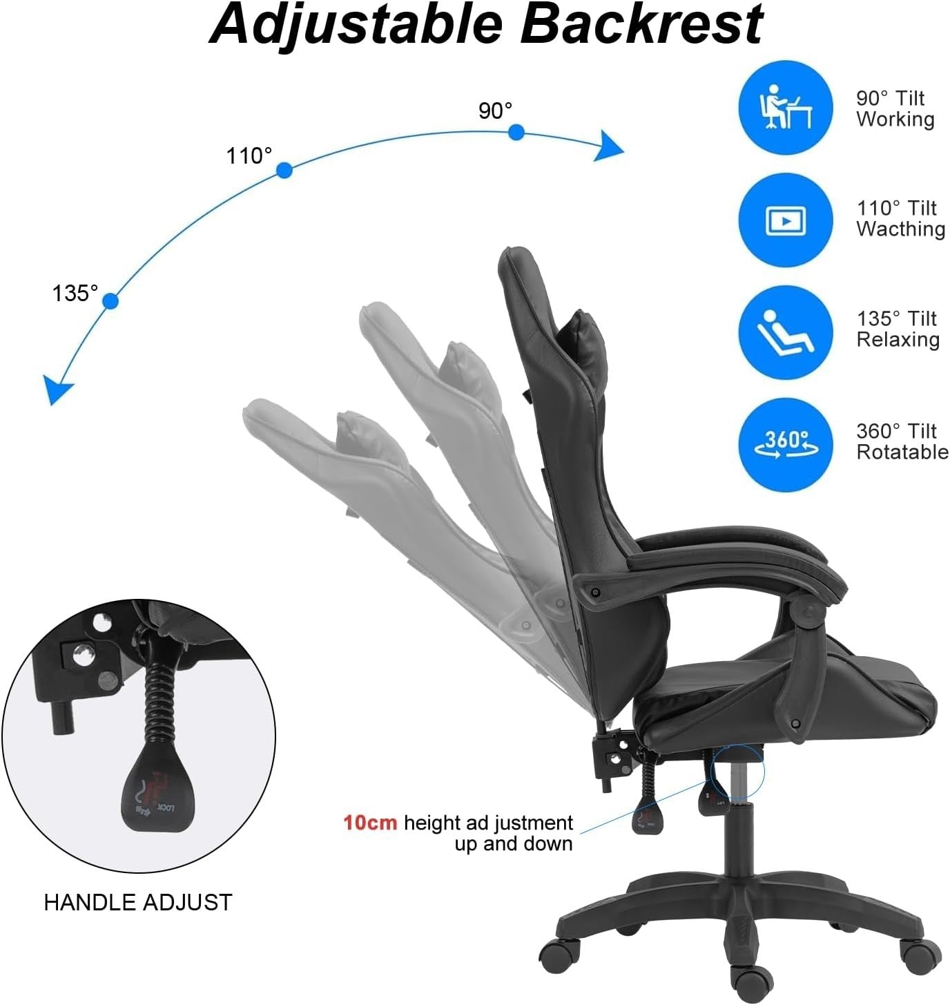 Ergonomic Faux Leather Gaming Chair Swivel Recliner Adjustable Height Black