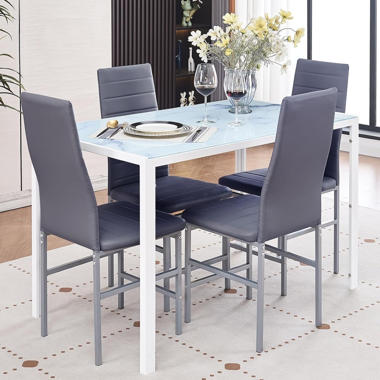 Stylish 5PC Grey Marble Glass Dining Set with PU Leather Chairs Compact