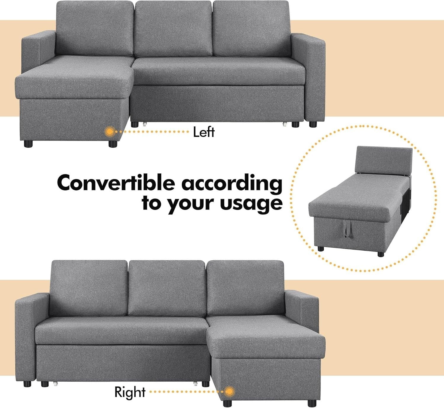 Light Grey L-Shaped Sofa Bed 3 Seater Pull Out Storage Sleeper Couch