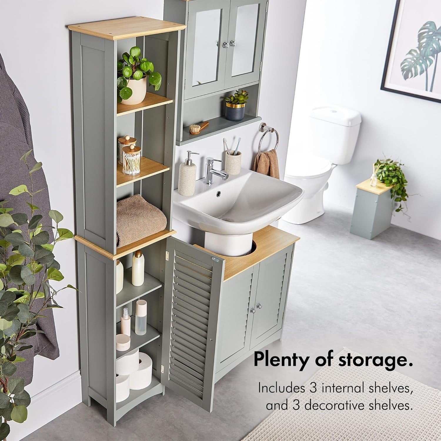 Tall Slim Bathroom Storage Unit Grey – 6 Shelf Cupboard with Door