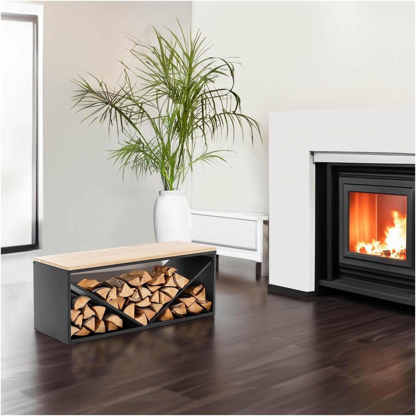 Firewood Rack with Bench | Durable Steel & Wood | 104x35x41 cm | Holds 20 kg
