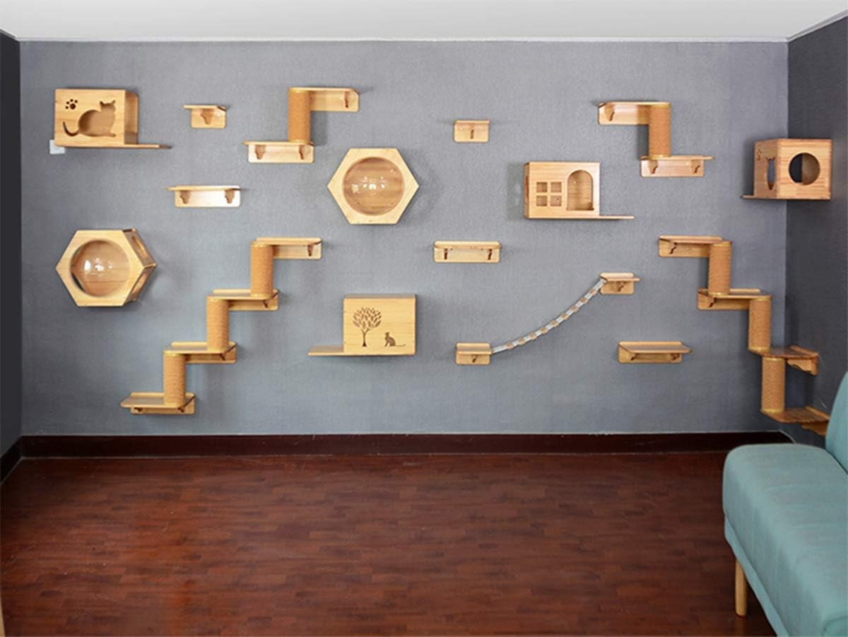 Wall Mounted Cat Climbing Ladder Shelves Wooden Perch Platform Natural Wood