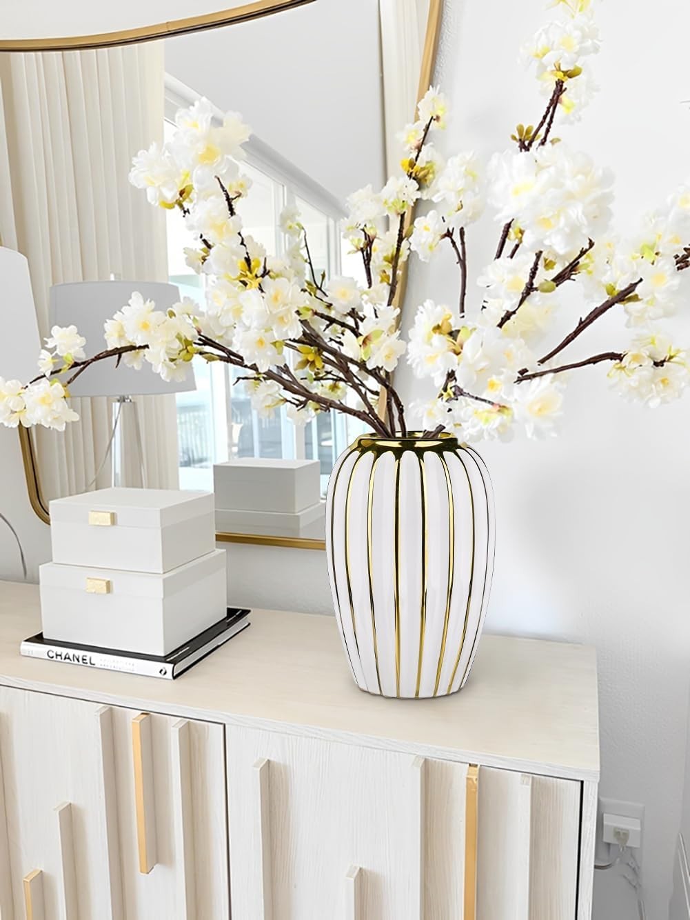White Gold Ribbed Ceramic Vase Luxury Floral Table Home Décor 9.8 Inch