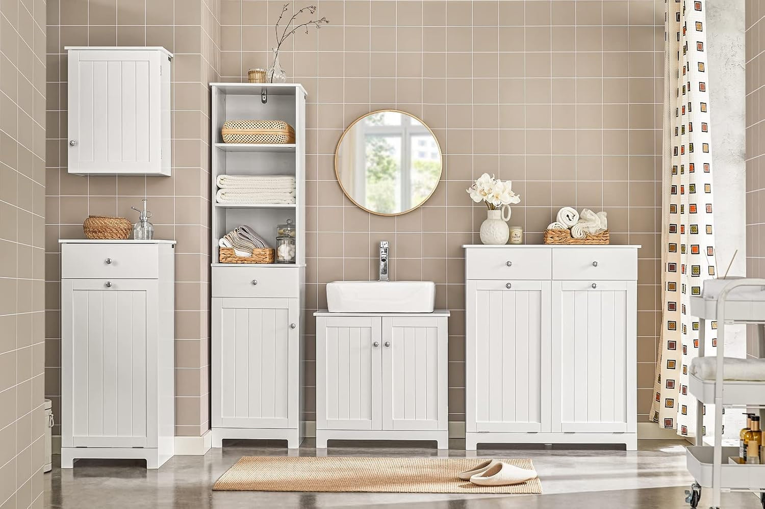 Slim White Bathroom Laundry Cabinet with Tilt Hamper & Drawer 40x90cm Modern