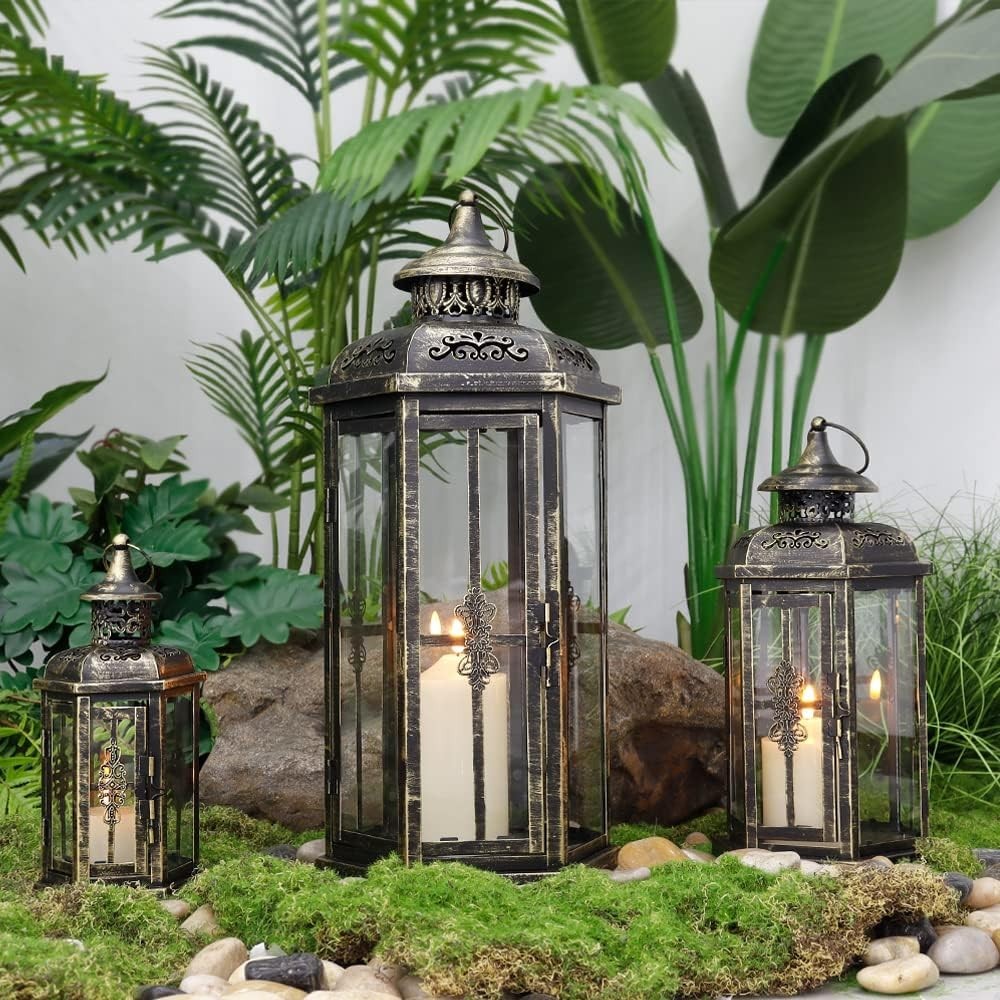 3 Pack Metal Candle Lanterns Indoor Outdoor Black Gold