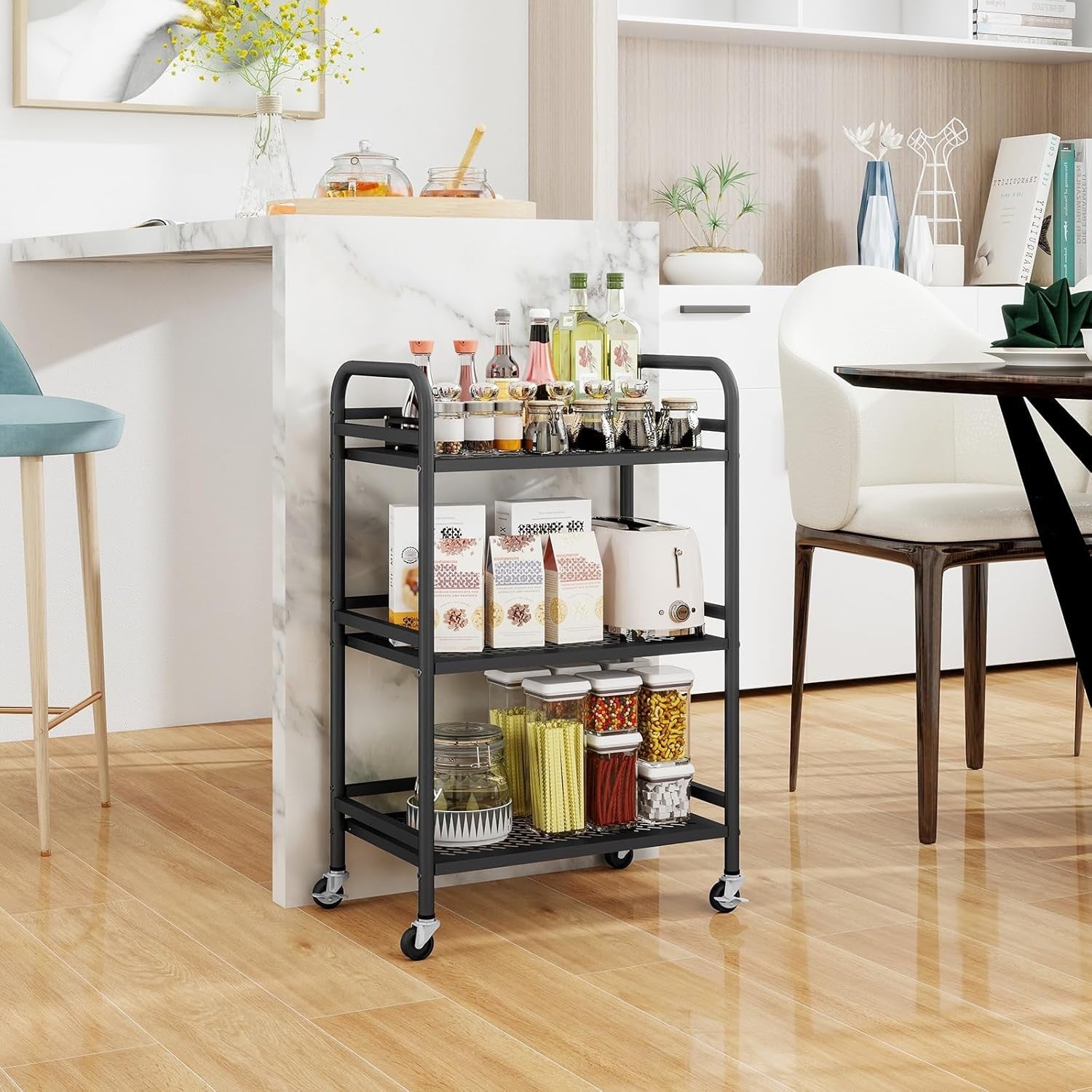 3 Tier Rolling Utility Cart Heavy Duty Metal Storage Trolley Black