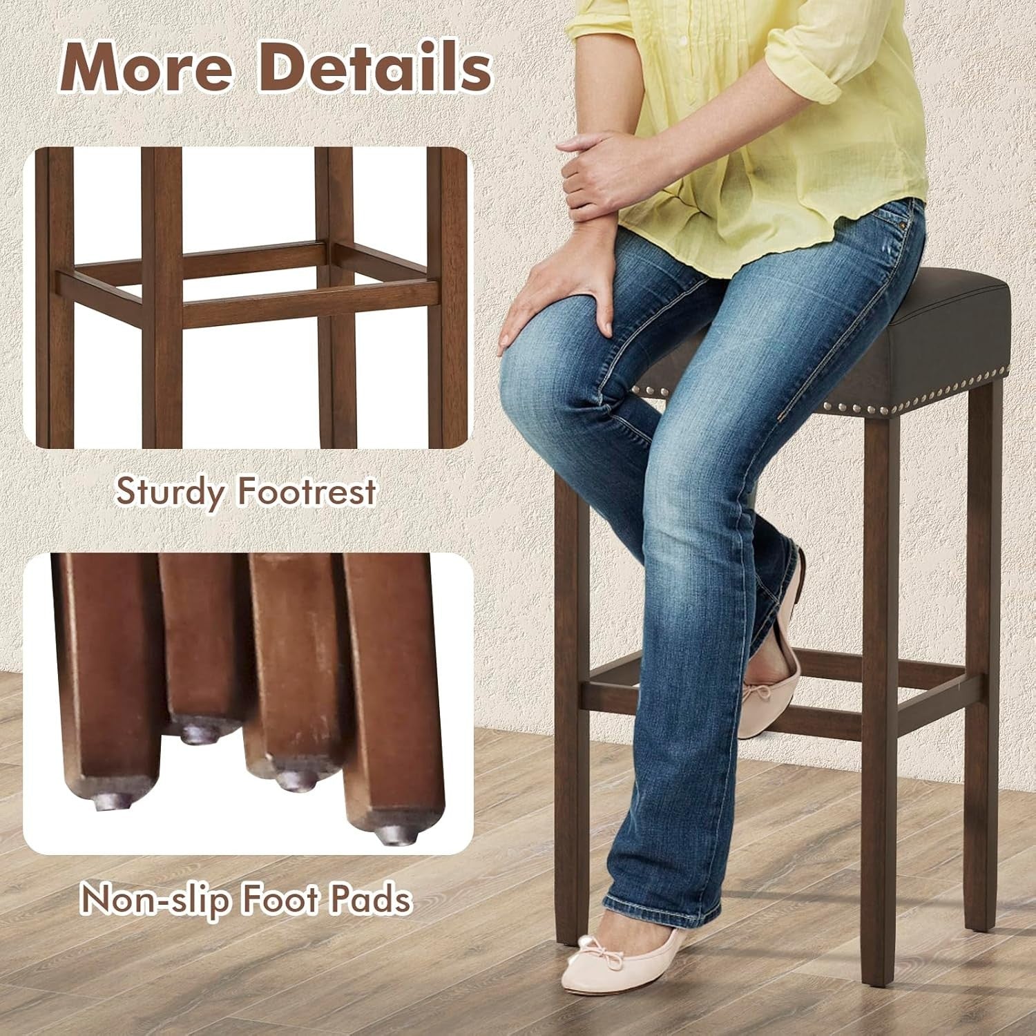 Gray & Brown Saddle Bar Stools Set of 2 – Solid Wood Counter Chairs