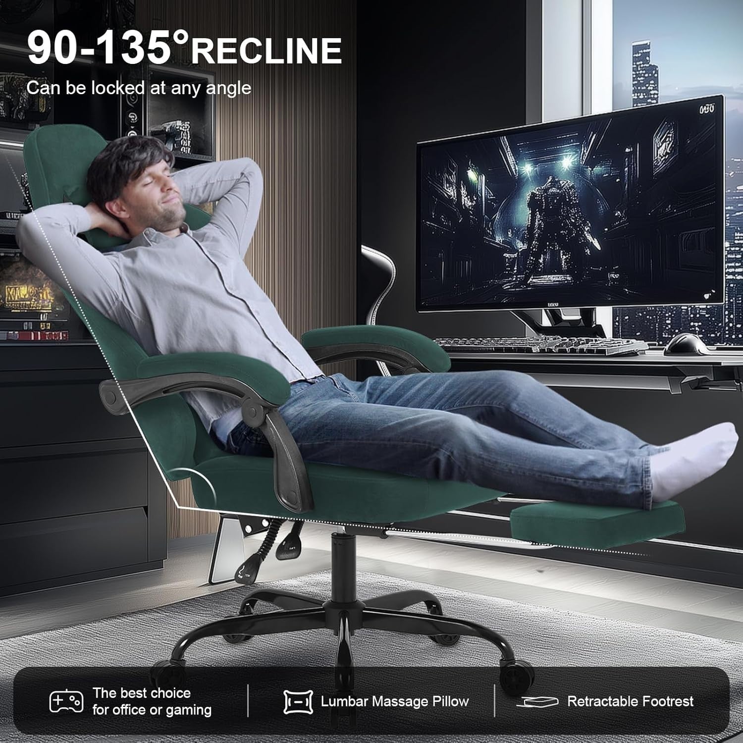 Ergonomic Green Gaming Chair Swivel Recliner Adjustable Foot Rest High Back