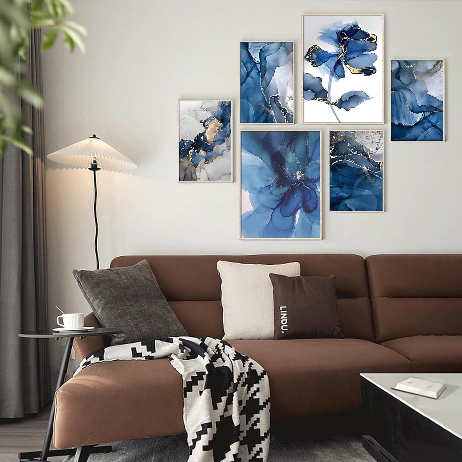 Blue Gold Floral Canvas Wall Art Set 6Pcs Framed 12x16in