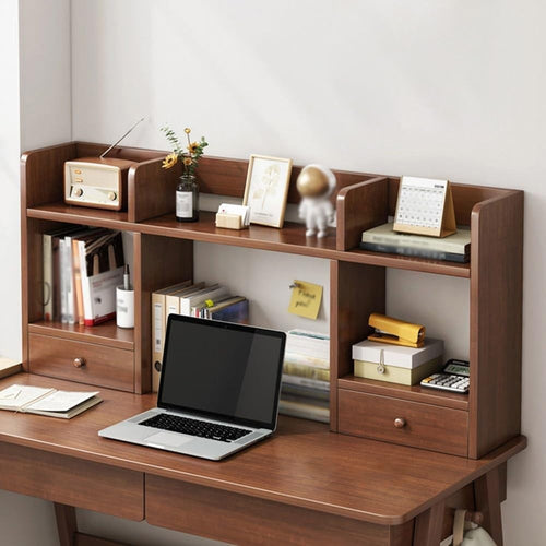 Wood Desk Hutch Bookshelf | 3-Tier Brown Countertop Organizer Doors 100×16×52cm