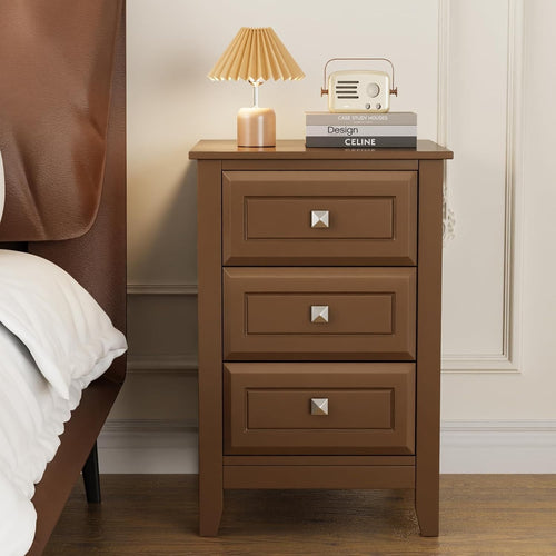 Modern Brown Bedside Table with 3 Drawers – Wooden Nightstand Cabinet