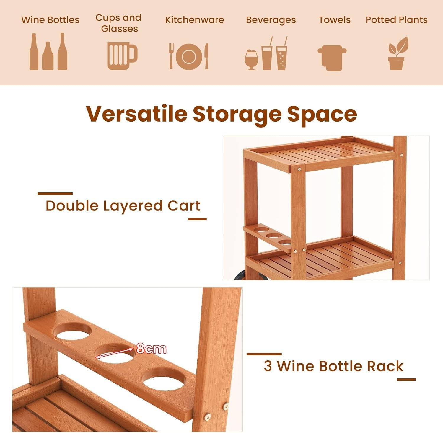 2 Tier Wooden Serving Trolley Bar Cart on Wheels with Wine Bottle Holders