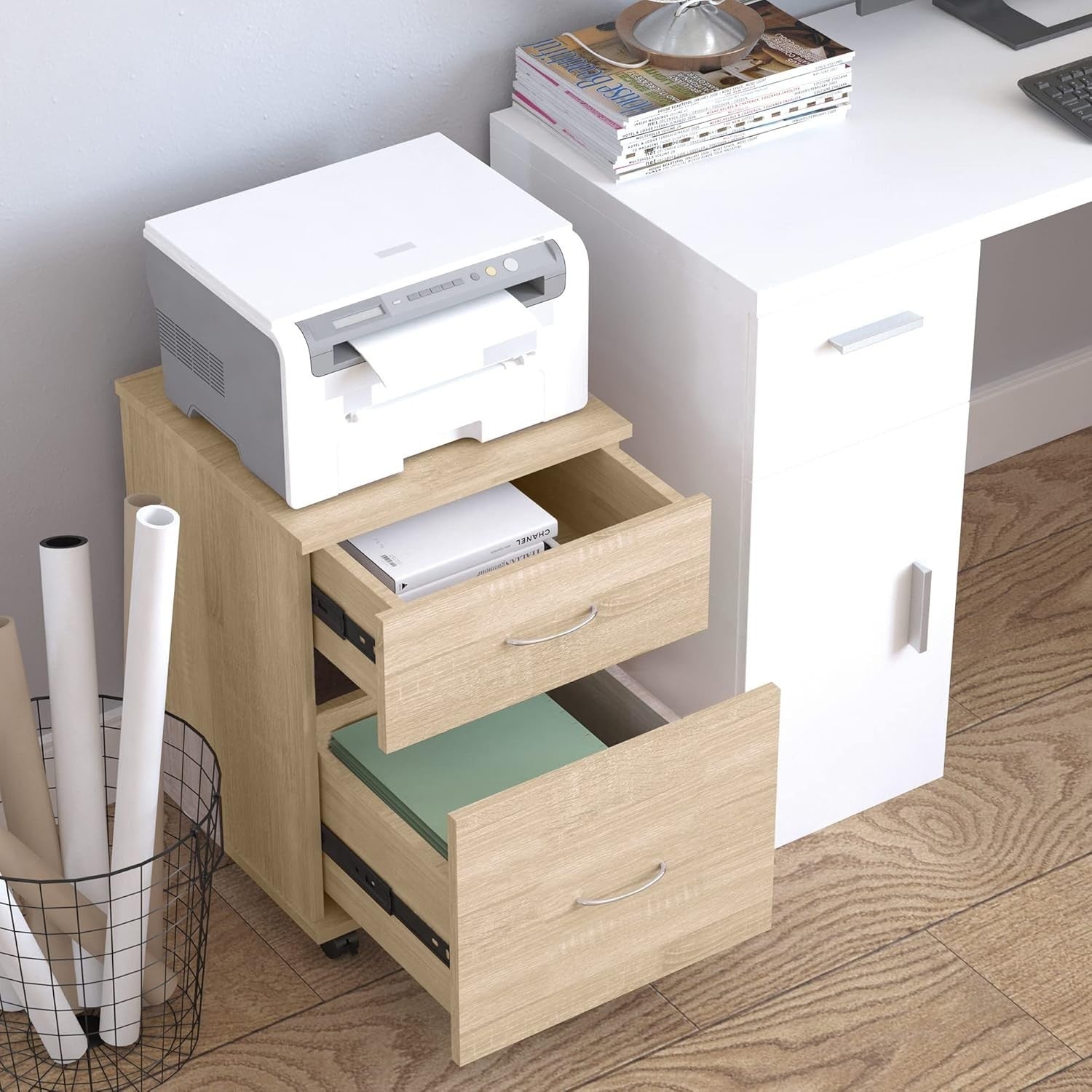 Oak Rolling File Cabinet 2 Drawer Under Desk Printer Stand Storage