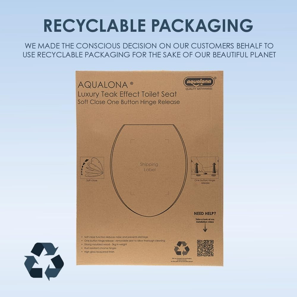 Teak Toilet Seat Soft Close Moulded Wood Lid Stainless Hinges Easy Clean 42x36cm