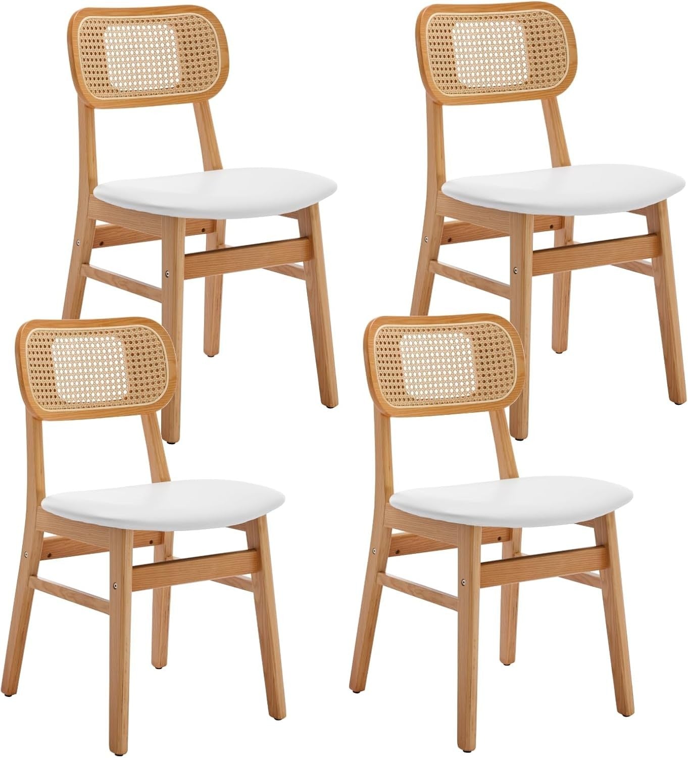 White Rattan Dining Chairs Set of 4 Upholstered Wooden Kitchen Chairs