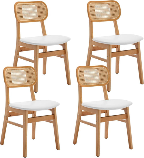 White Rattan Dining Chairs Set of 4 Upholstered Wooden Kitchen Chairs
