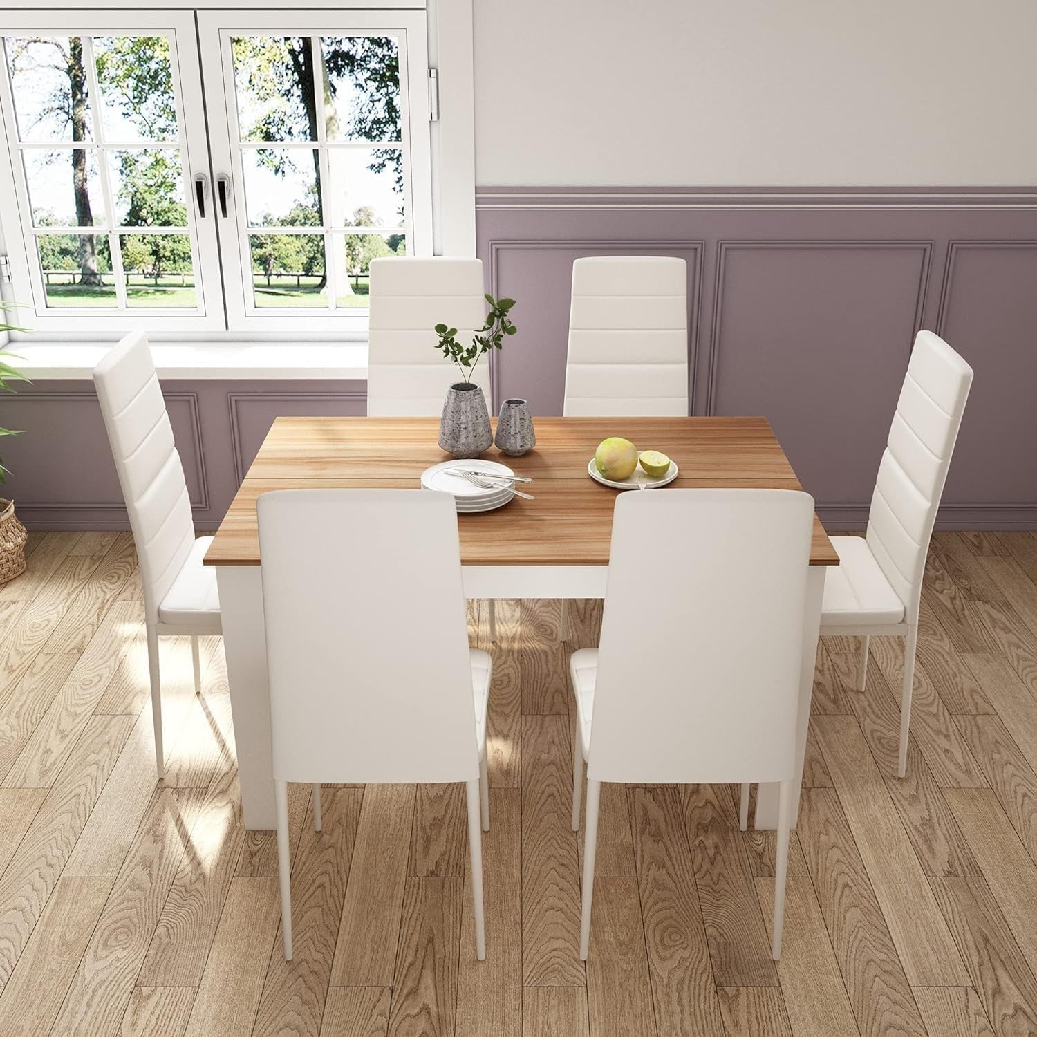 Dining Table Set 6 Chairs Faux Leather Oak Modern Kitchen Home Office