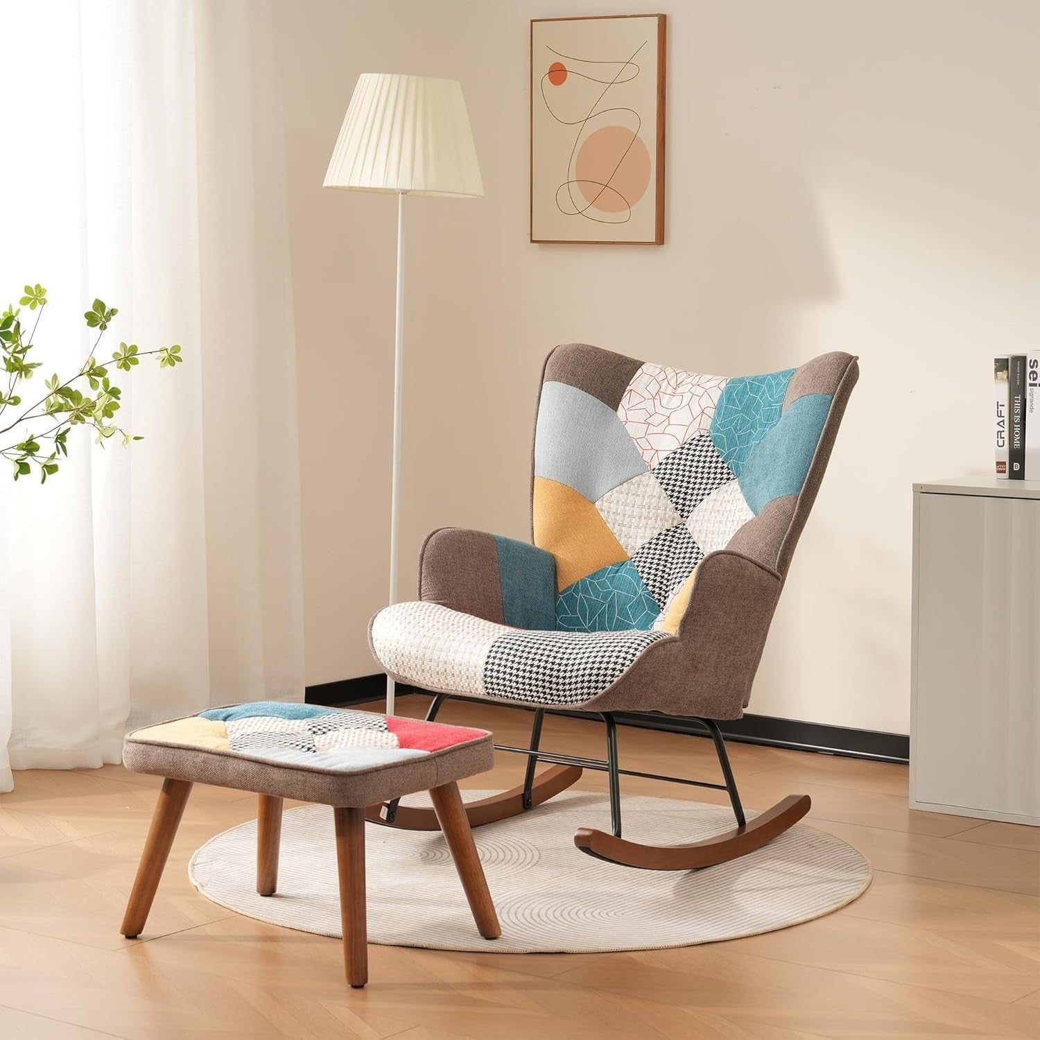 Soft Rocking Chair with Footstool, Solid Wood, Foam Padding, Cozy Reading