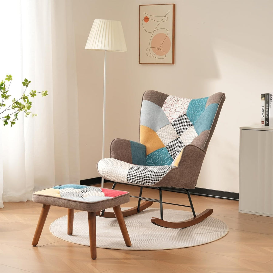 Soft Rocking Chair with Footstool, Solid Wood, Foam Padding, Cozy Reading