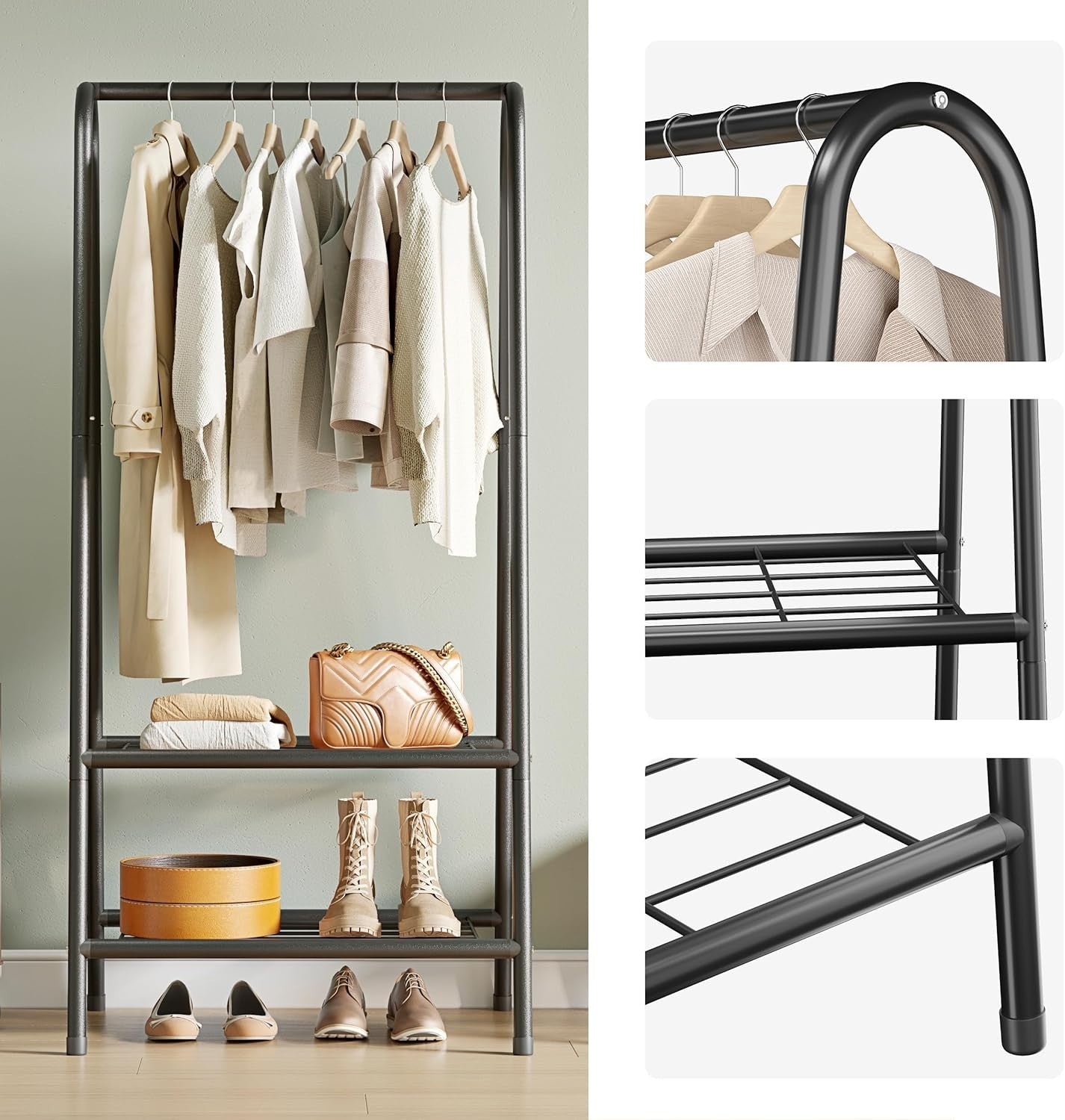 Black Metal Clothes Rack with Double Shelves 62"