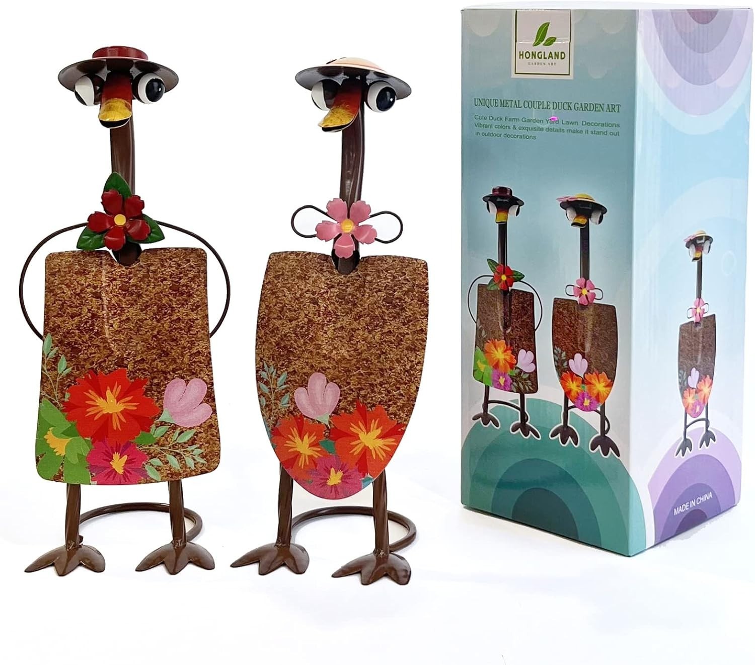 Metal Duck Garden Ornaments 29.5cm Floral Couple Yard Art Outdoor Decor Set
