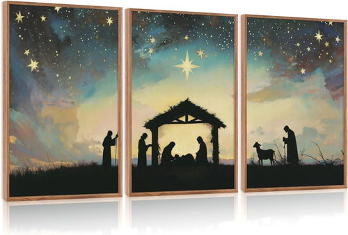 Christian Nativity Framed Canvas Wall Art Set 3 Religious Christmas Decor