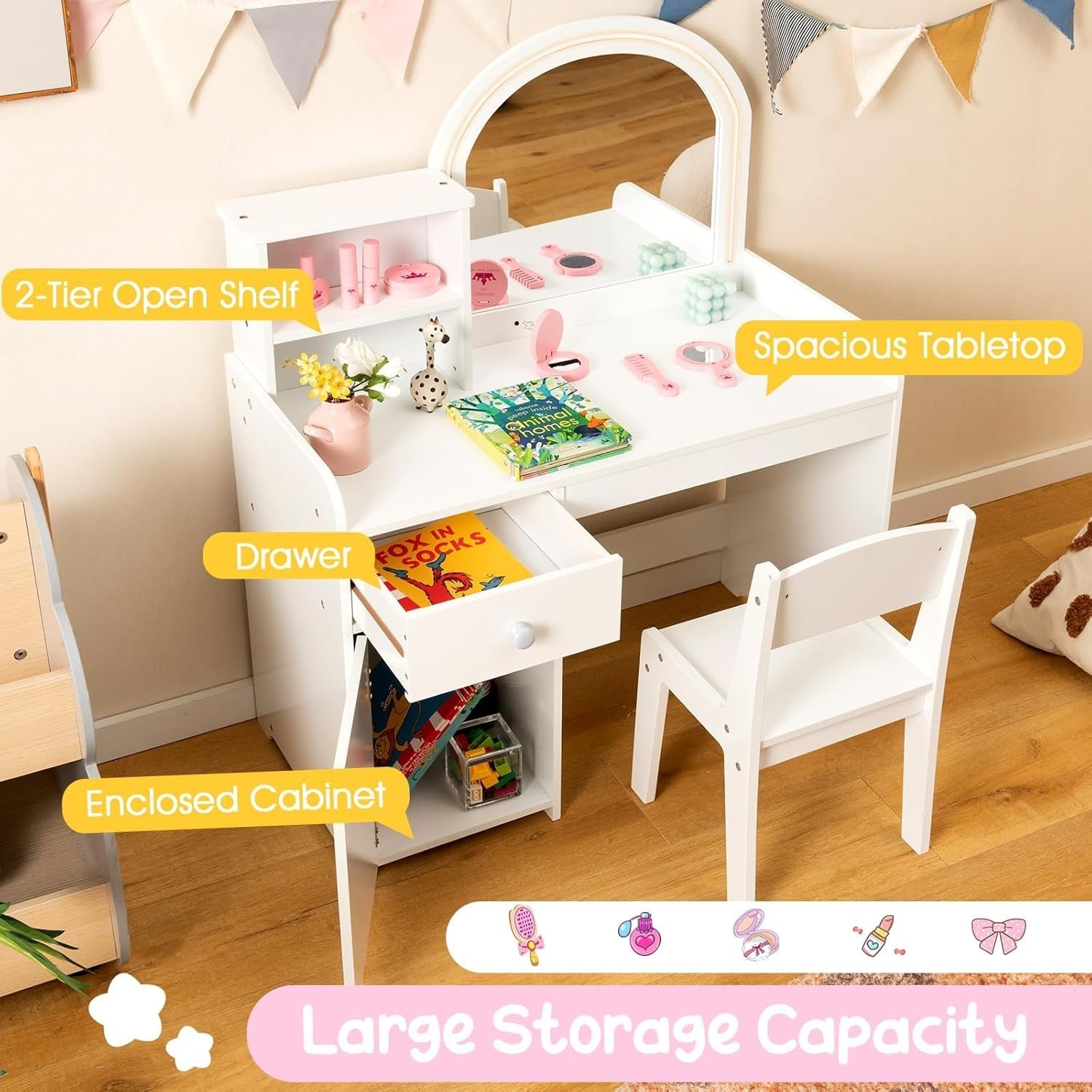 Kids Vanity Table & Stool with LED Mirror, Drawer & Storage Shelves White