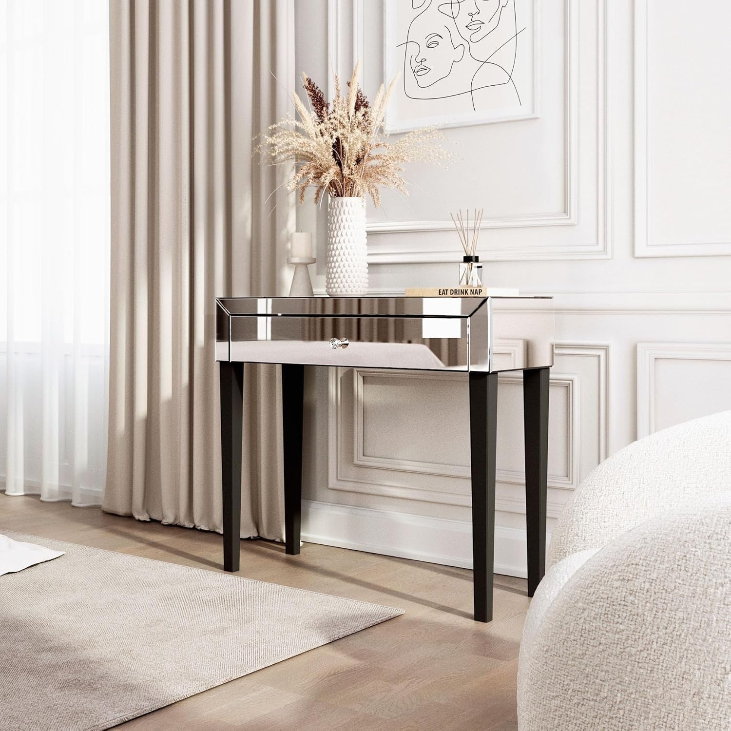 Mirrored Dressing Table Silver Glass Modern 1 Drawer Makeup Console Vanity Desk