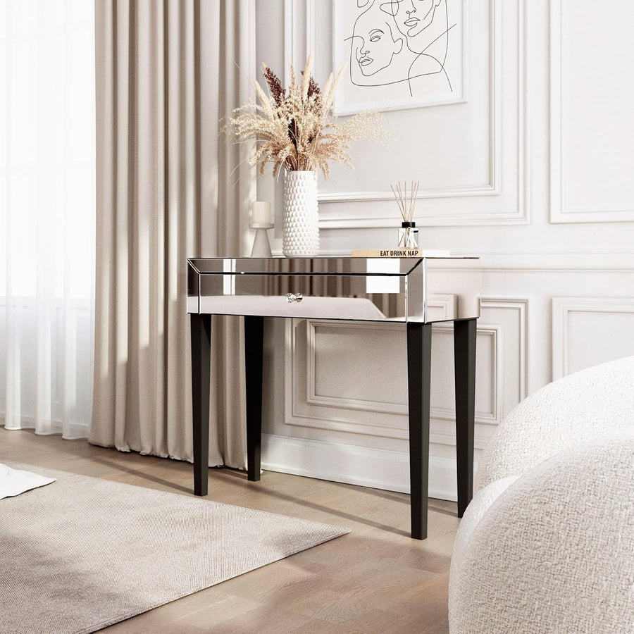 Mirrored Dressing Table Silver Glass Modern 1 Drawer Makeup Console Vanity Desk