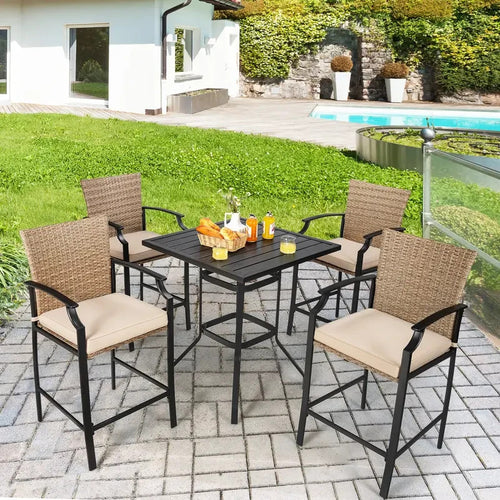 4x Outdoor Rattan Bar Stools with Cushions High Backrest Garden Patio