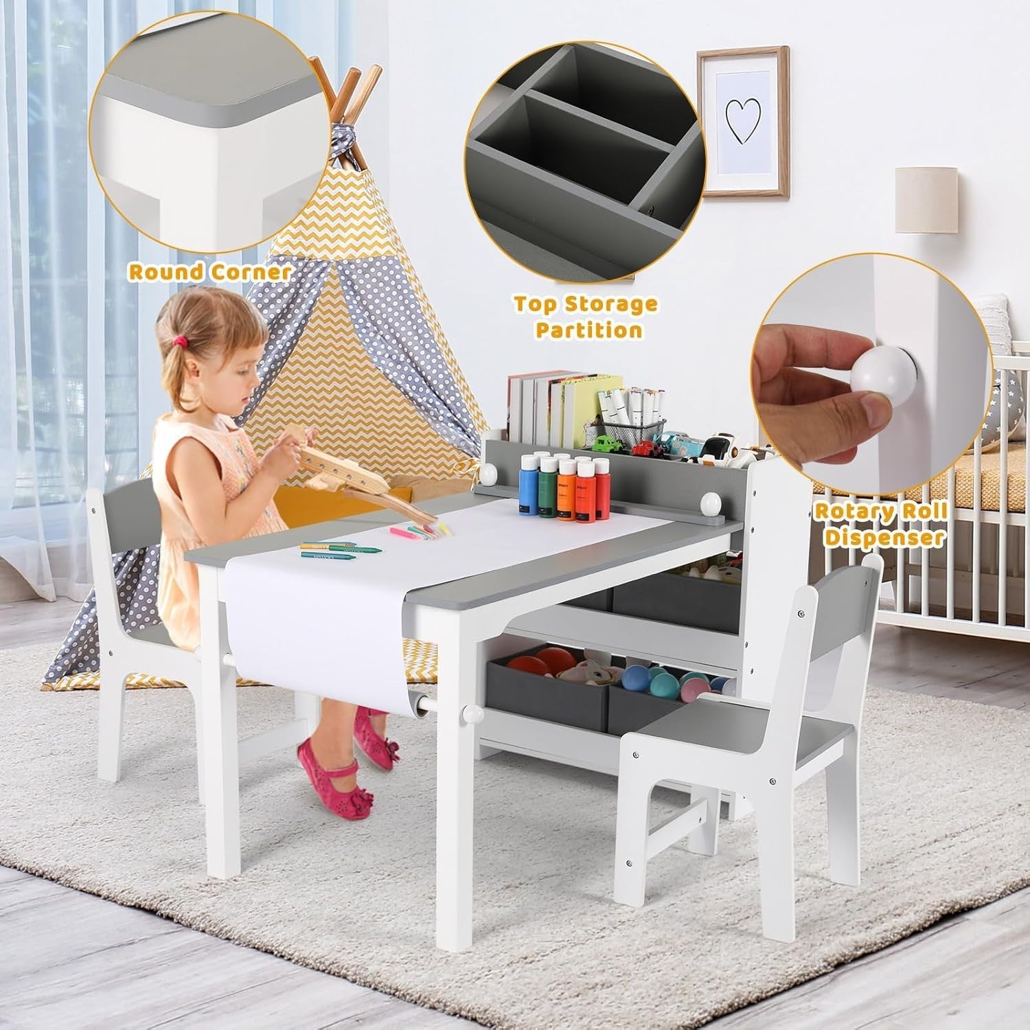 Kids Table and Chairs Set Wooden 2in1 Art Craft Desk w/ Storage & Paper Roll
