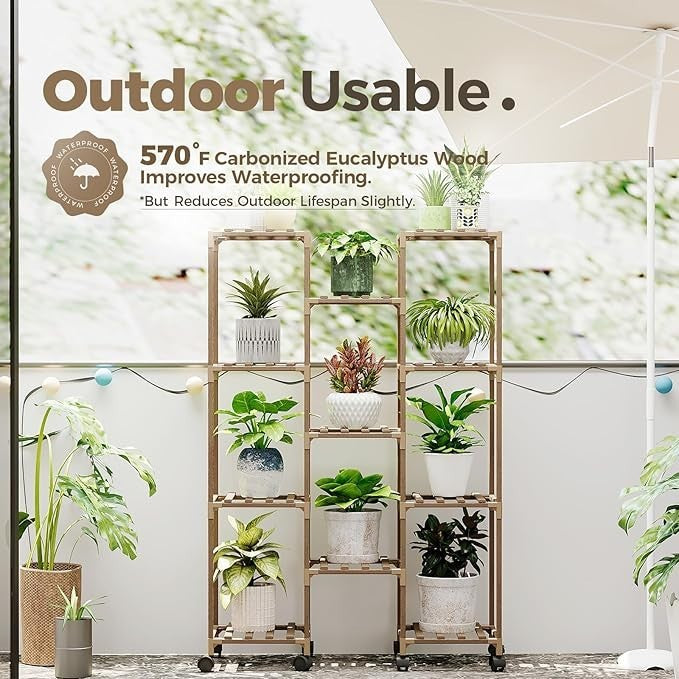 Wooden Plant Stand with Wheels Indoor Outdoor Multi-Shelf Flower Rack