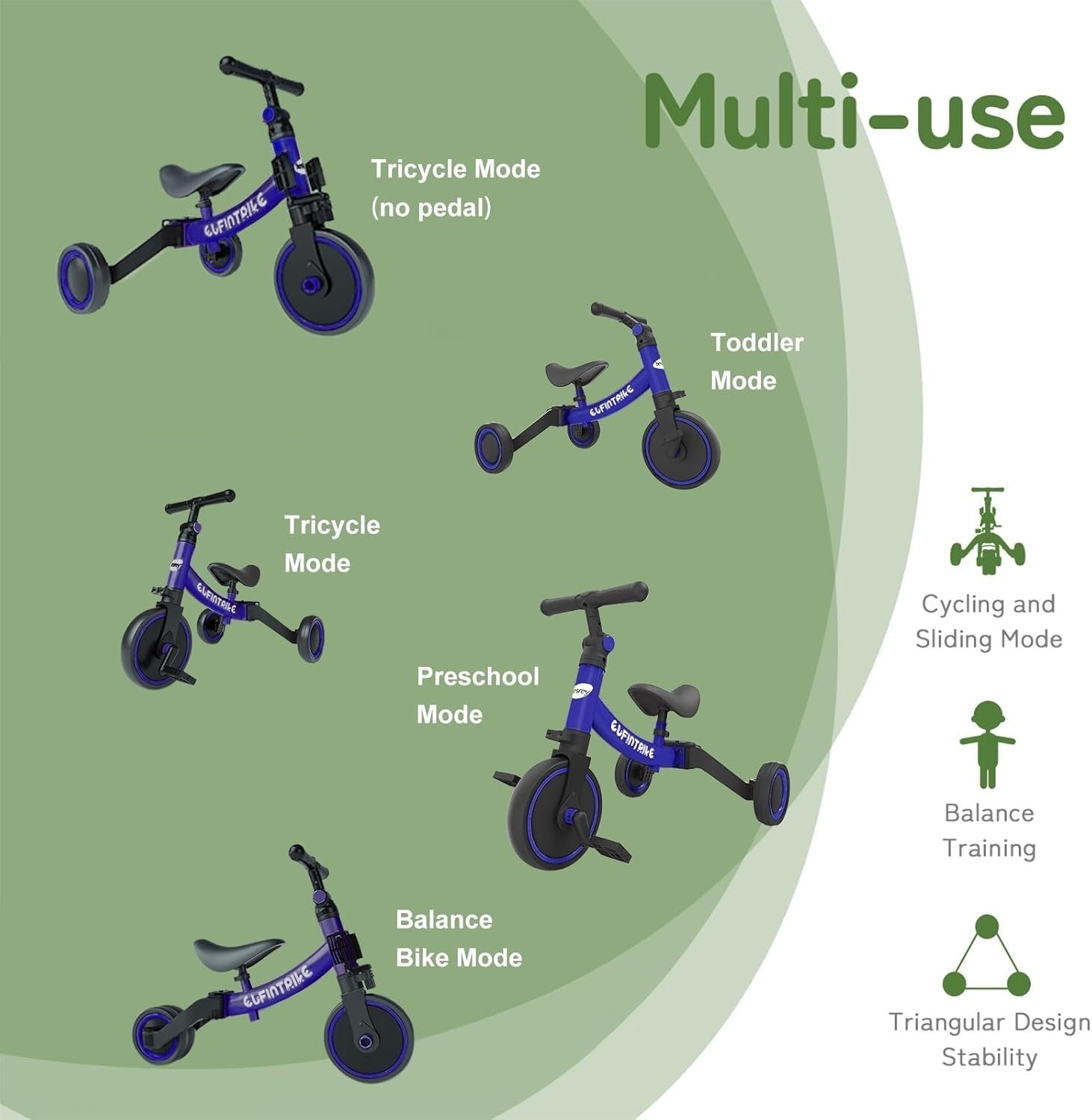 5 In 1 Toddler Tricycle Balance Bike Ride On Toy Removable Pedals Navy